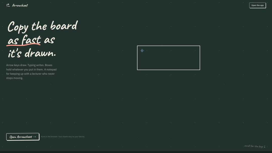 Arrowsheet: the cursor draws a box on a chalkboard, a heading is typed inside it, the box grows, and an arrow is drawn to a label