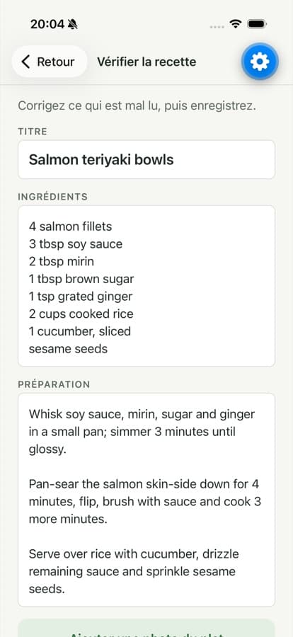 Plateful: the recipe read from the photo, ready to check and save